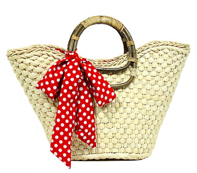 Straw Bucket Tote: Corn Husk w/ Polka Dot Print Sash - Red - BG-R11007RD